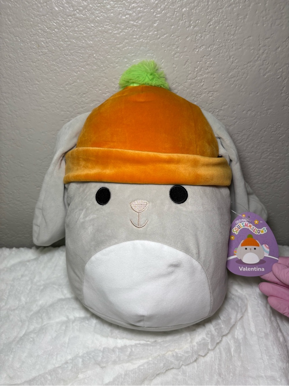 🧡 Squishmallows Valentina Gray Bunny Plush with Orange Hat and Green Pom